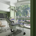 Modern Dental Clinic Interior With Dental Chair Surgical Lights And Cabinets