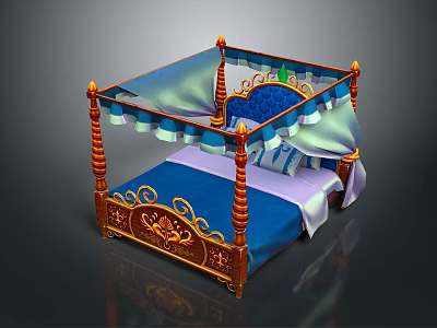 Elegant Ornate Four Poster Bed With Blue Mattress Gold Red Canopy And Decorative Bedposts 3d model