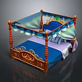 Elegant Ornate Four Poster Bed With Blue Mattress Gold Red Canopy And Decorative Bedposts