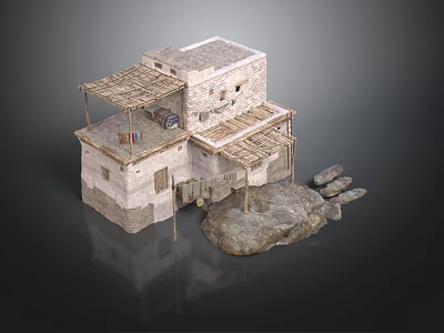 Traditional Stone Building Two Story Structure With Wooden Awnings And Stone Piles 3d model