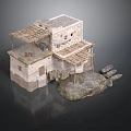 Traditional Stone Building Two Story Structure With Wooden Awnings And Stone Piles