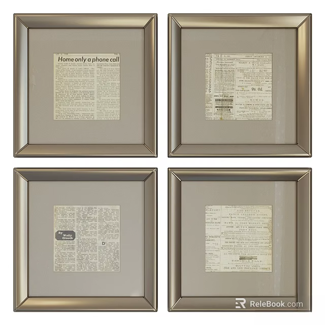 Four Decorative Picture Frames with Vintage Newspaper Prints and Silver Borders 3d model 
