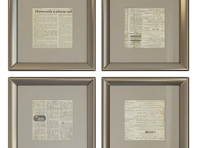 Four Decorative Picture Frames with Vintage Newspaper Prints and Silver Borders 3d model