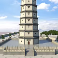 Traditional Multi story Pagoda With Surrounding Square Wall And Trees Under Blue Sky