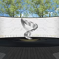 Modern Streamlined Metallic Sculpture In Outdoor Arched Space With Trees And Lighting
