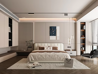 Modern Bedroom Interior With Upholstered Bed Area Rug And Wall Artwork 3d model