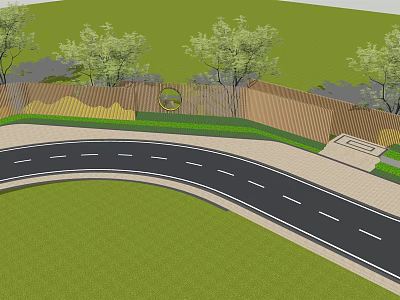 Landscape Wall Design With Curved Road Greenery Trees And Lawn 3d model