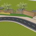 Landscape Wall Design With Curved Road Greenery Trees And Lawn