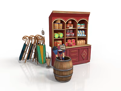 Red Display Cabinet With Wooden Barrel Foldable Umbrella Stand And Shelves For Retail Shop 3d model