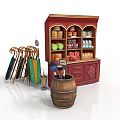 Red Display Cabinet With Wooden Barrel Foldable Umbrella Stand And Shelves For Retail Shop