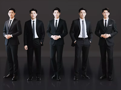 Five Men In Black Business Suits With White Shirts And Ties Standing Together 3d model