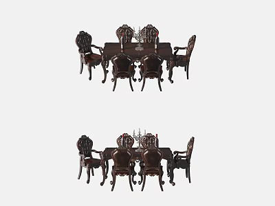 Classic Dark Wood Dining Table Set With Six Carved Chairs And Ornate Details 3d model