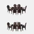 Classic Dark Wood Dining Table Set With Six Carved Chairs And Ornate Details