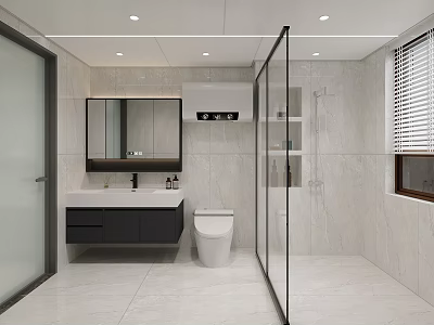 Modern Bathroom Interior With Glass Shower Enclosure White Toilet Vanity Mirror And Marble Tiles 3d model