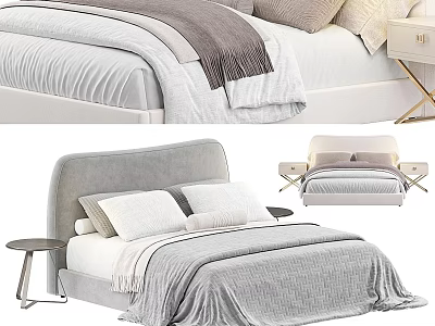 Modern Double Bed Design With Grey Headboard Pillows Blanket And Nightstand 3d model