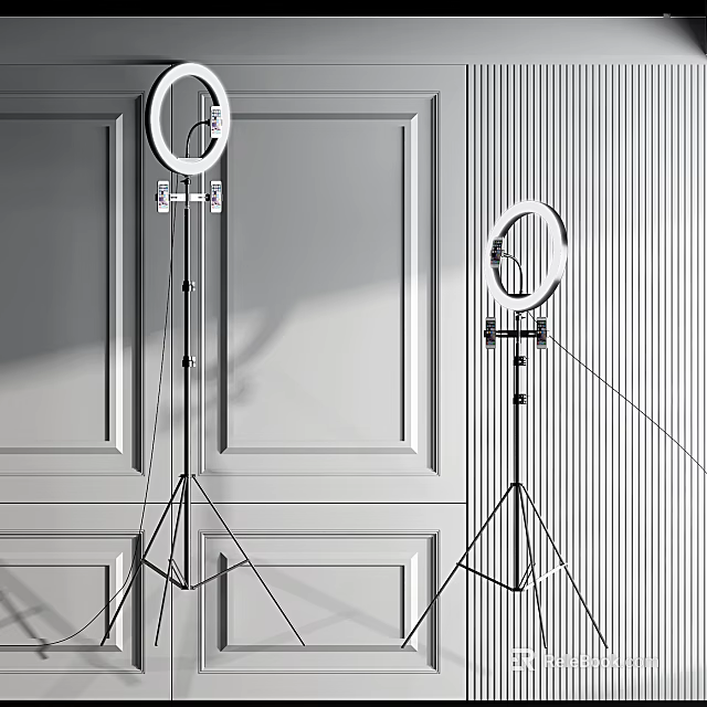 Ring Lights On Tripod Stands In Modern Gray Paneled Wall Studio Setup 3d model 