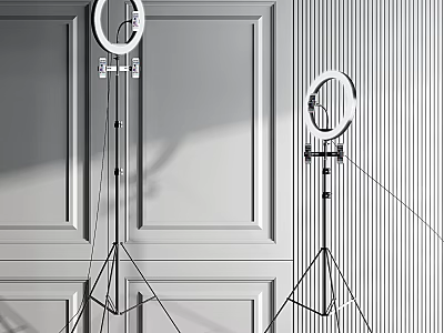 Ring Lights On Tripod Stands In Modern Gray Paneled Wall Studio Setup 3d model