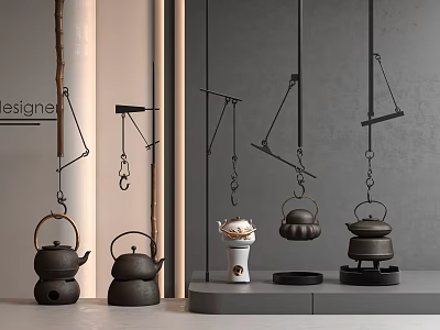 Traditional Black Cast Iron Teapots Displayed on Minimalist Shelf with Hanging Racks 3d model