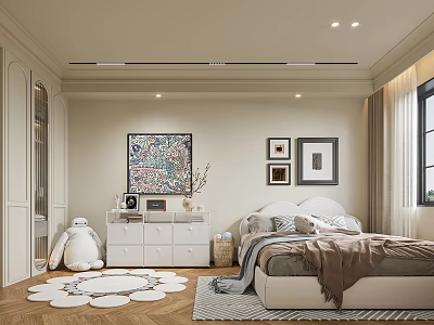 Elegant Modern Bedroom Interior Design With Comfortable Bed Decorative Painting And Area Rug 3d model