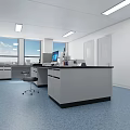 Modern Laboratory With White Walls Large Windows Workbench Computer Blue Flooring And Cabinets 3d model