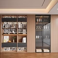 Modern Wooden Decorative Cabinet With Zebra Pattern Glass Doors And Books Wine Bottles