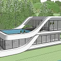 Modern Hotel Building Featuring Large Glass Walls Flat Roof Swimming Pool And Green Trees
