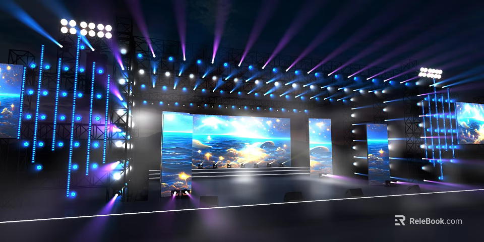 Professional Stage Setup With Colorful Lighting And Large Ocean Background Screens 3d model 