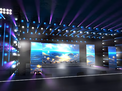 Professional Stage Setup With Colorful Lighting And Large Ocean Background Screens 3d model