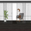 Modern Sliding Glass Doors Black Frame Interior With Gray Chair Green Plant White Curtains