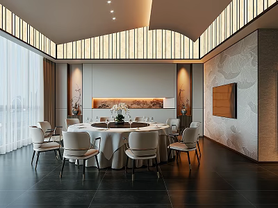 Chinese Style Private Dining Room With Round Table White Chairs Elegant Lighting And Decorative Painting 3d model