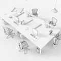 Large White Office Desk With Computer Monitors Black Office Chairs Blueprints And Hanging Lamp