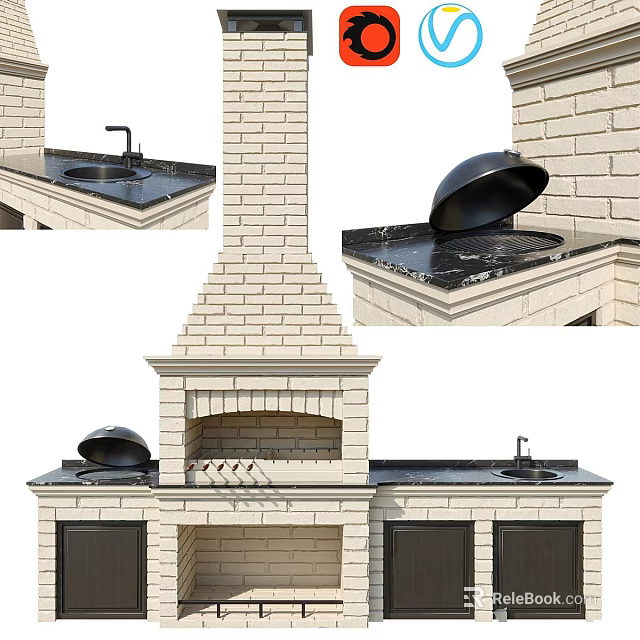 Outdoor Brick Kitchen With Black Countertop Chimney Faucet And Lid Covered Grill 3d model 