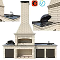 Outdoor Brick Kitchen With Black Countertop Chimney Faucet And Lid Covered Grill