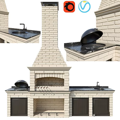 Outdoor Brick Kitchen With Black Countertop Chimney Faucet And Lid Covered Grill 3d model