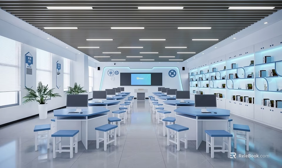 Modern School Science Classroom With White Tables Blue Stools Bookshelves And Smart Screen 3d model 
