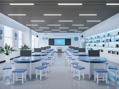 Modern School Science Classroom With White Tables Blue Stools Bookshelves And Smart Screen 3d model