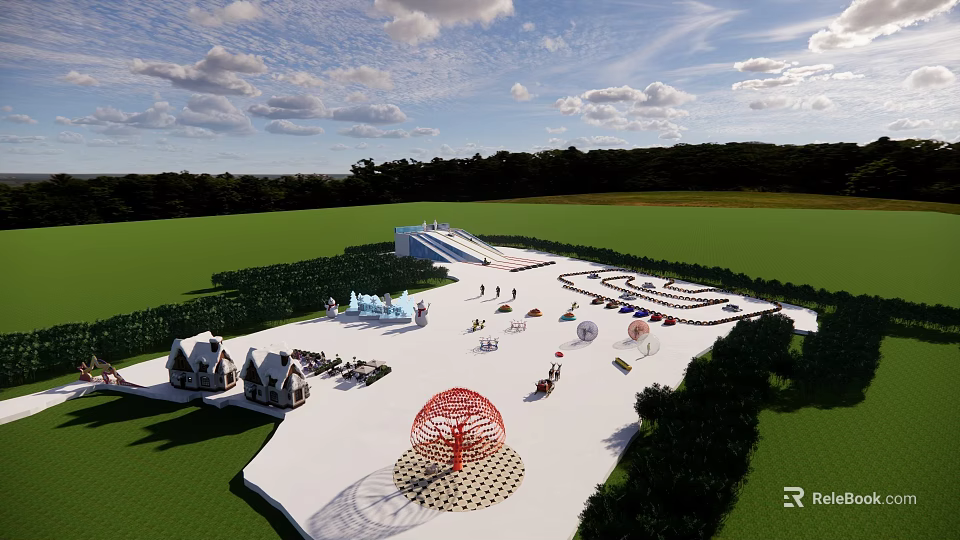 Outdoor Sports Fitness Park With Green Field Exercise Equipment And Track 3d model 