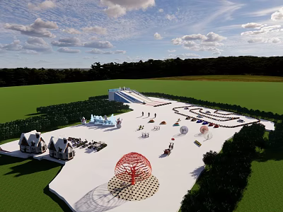 Outdoor Sports Fitness Park With Green Field Exercise Equipment And Track 3d model