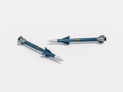 Two Blue And White Missiles With Yellow Stripes And Tail Fins 3d model