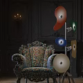 Ornate Vintage Single Sofa With Colorful Floral Upholstery And Multicolored Decorative Lamps