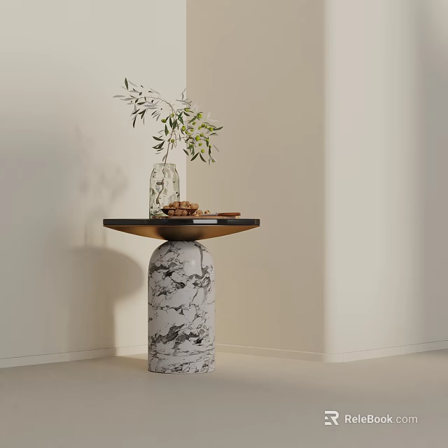 Elegant Side Table With Black Tabletop Marble Base And Transparent Vase Green Plants Cookies 3d model 