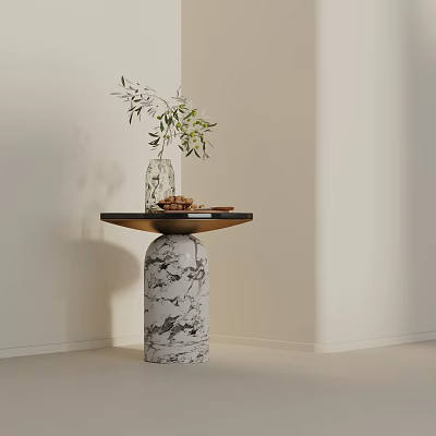Elegant Side Table With Black Tabletop Marble Base And Transparent Vase Green Plants Cookies 3d model