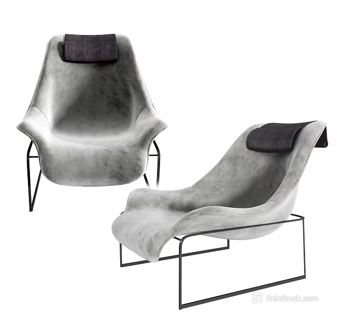 Modern Plush Gray Lounge Chair Set With Black Metal Frame And Accent Pillow 3d model 