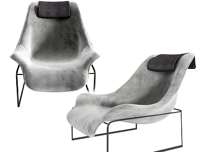 Modern Plush Gray Lounge Chair Set With Black Metal Frame And Accent Pillow 3d model