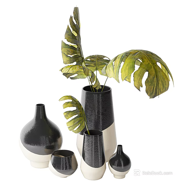 Modern Black And White Vases With Monstera Leaves Decorative 3d model 