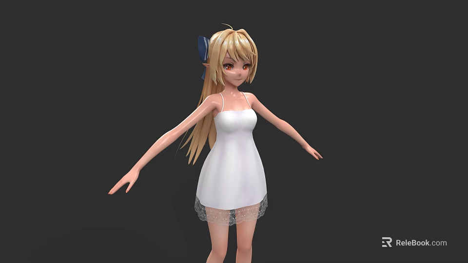 Game Movie Character With Blonde Hair Blue Bow White Sleeveless Dress Lace Hem Outstretched Arms 3d model 