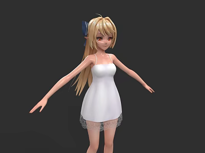 Game Movie Character With Blonde Hair Blue Bow White Sleeveless Dress Lace Hem Outstretched Arms 3d model
