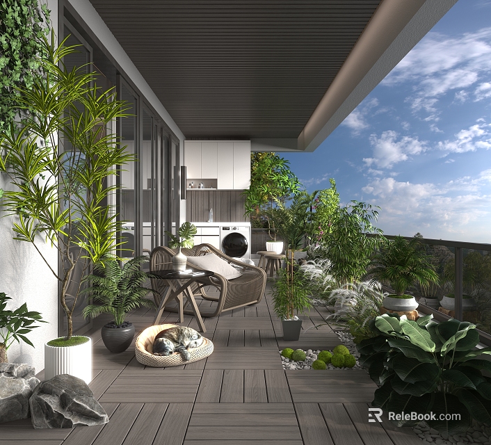 Luxurious Villa Balcony With Lush Plants Outdoor Furniture Wooden Deck And Scenic View 3d model 