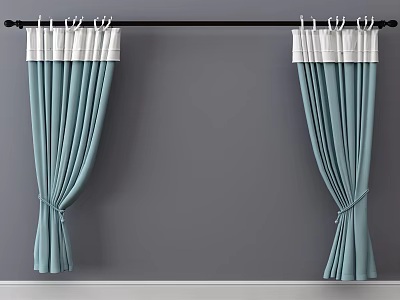 Light Blue Curtains With White Top Trim On Black Rod Against Gray Wall 3d model