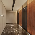 Long Hotel Guest Room Corridor With Patterned Carpet Light-Colored Walls And Recessed Lighting
